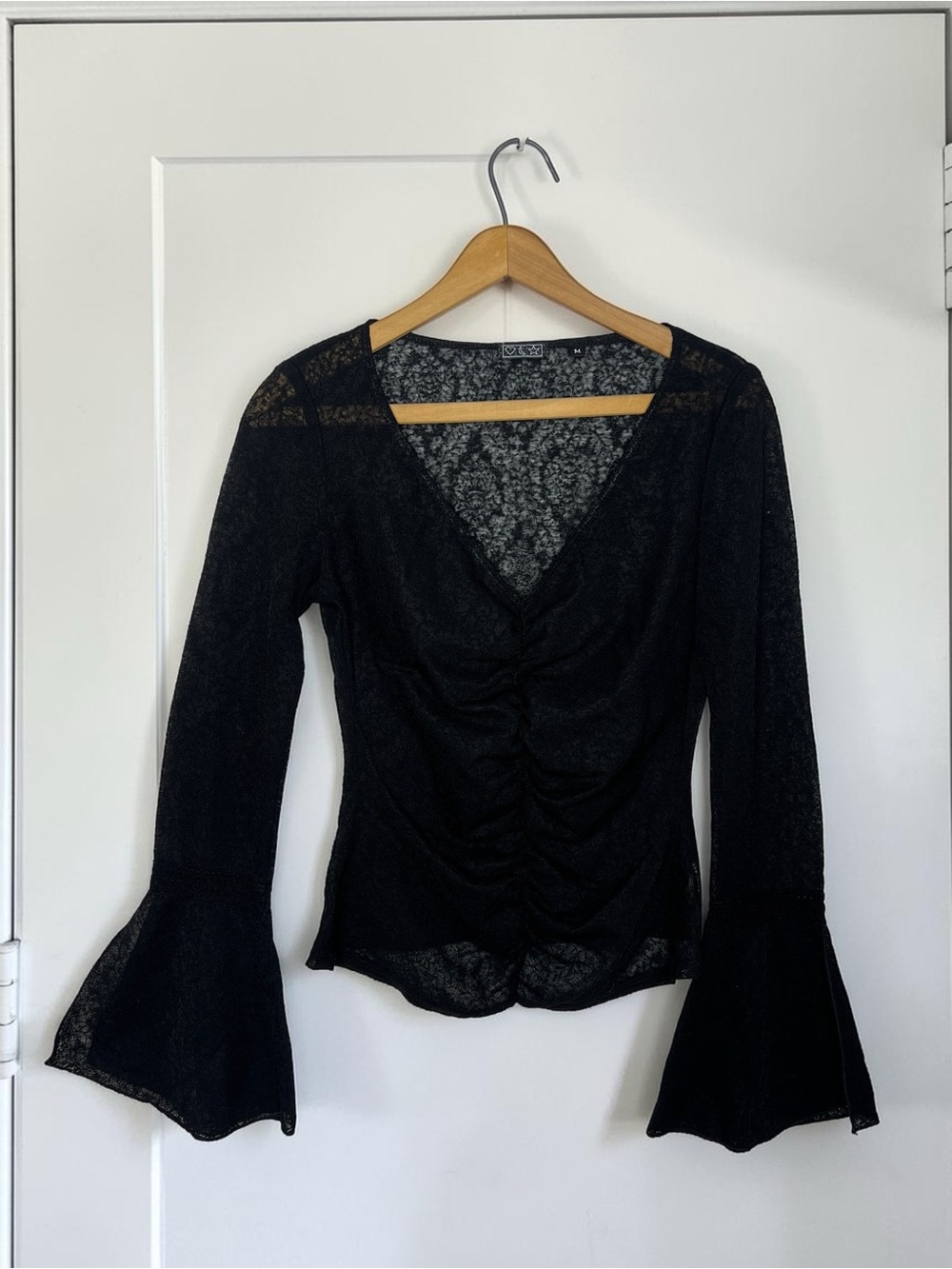 Vintage Y2K Sun Moon Star Whimsigoth Sheer Ruched Split Bell Sleeve Top